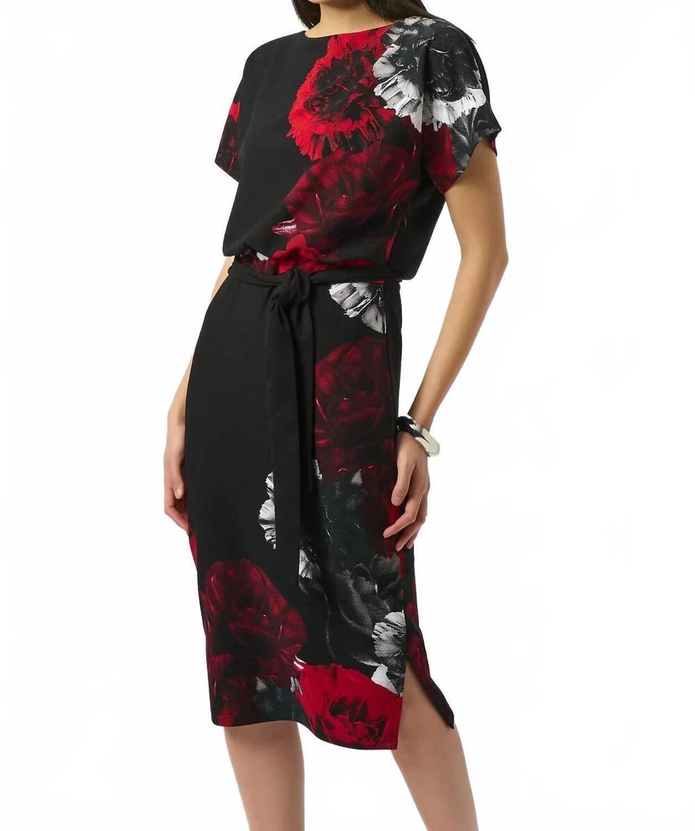 NEW JOSEPH RIBKOFF floral boat neck sheath dress in black/red